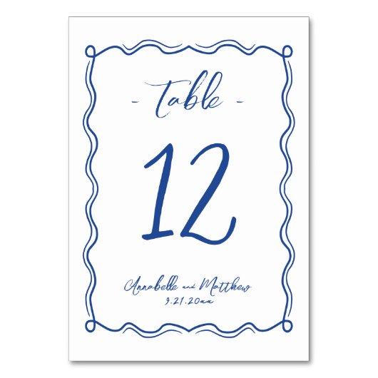 Hand Drawn Quirky Whimsical Blue Wedding Tischnummer (Rückseite)
