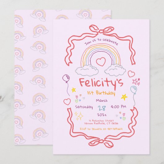 Hand Drawn Rainbow Whimsical Birthday Einladung (Vorne/Hinten)