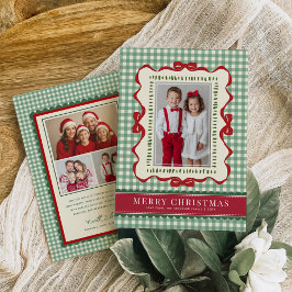 Hand Drawn Red Bow Green Plaid Christmas Photo Feiertagskarte