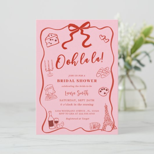Hand Drawn Red Bow Paris Brautparty Einladung (Stehend Vorderseite)