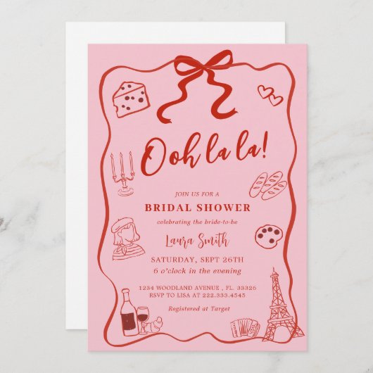 Hand Drawn Red Bow Paris Brautparty Einladung (Vorne/Hinten)