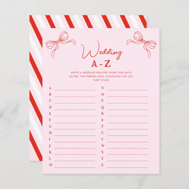 Hand Drawn Red Bow Wedding A-Z Bridal Shower Game (Vorne/Hinten)