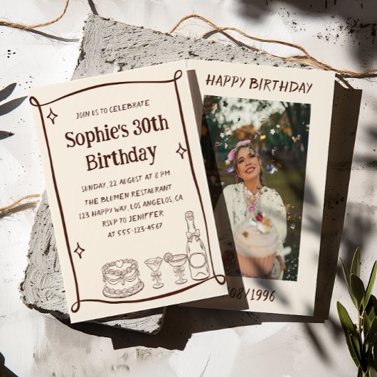 Hand Drawn Red & Cream 30TH Birthday Photo  Einladung