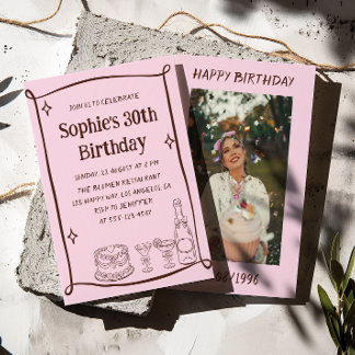 Hand Drawn Red & Pink 30TH Birthday Photo Einladung