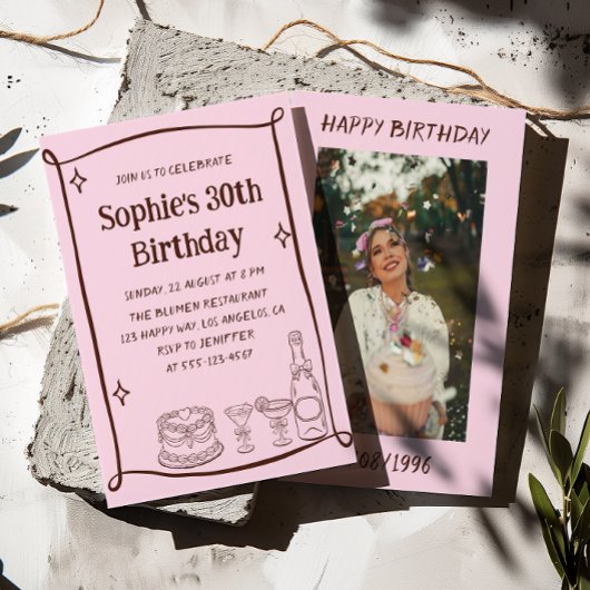 Hand Drawn Red & Pink 30TH Birthday Photo Einladung