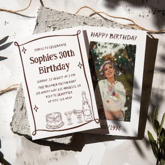 Hand Drawn Red & White 30TH Birthday Photo Einladung