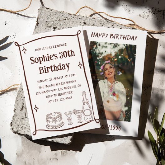 Hand Drawn Red & White 30TH Birthday Photo  Einladung