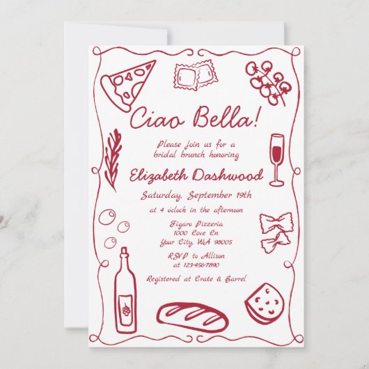 Hand Drawn Retro Red Italian Casual Bridal Brunch Einladung (Vorderseite)