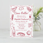 Hand Drawn Retro Red Italian Casual Bridal Brunch Einladung (Stehend Vorderseite)