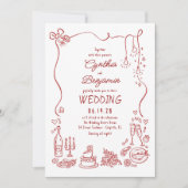 Hand Drawn Retro Whimsical Burgundy Wedding Photo Einladung (Vorderseite)