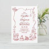 Hand Drawn Retro Whimsical Burgundy Wedding Photo Einladung (Stehend Vorderseite)