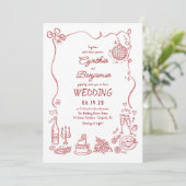 Hand Drawn Retro Whimsical Burgundy Wedding Photo Einladung (Stehend Vorderseite)