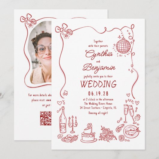 Hand Drawn Retro Whimsical Burgundy Wedding Photo Einladung (Vorne/Hinten)