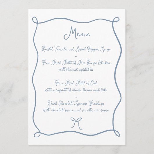 Hand Drawn Ribbon & Bow Dusty Blue Wedding Menükarte (Vorderseite)