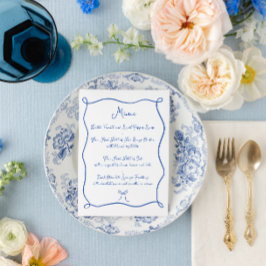 Hand Drawn Ribbon & Bow Französisch Blue Wedding Menükarte