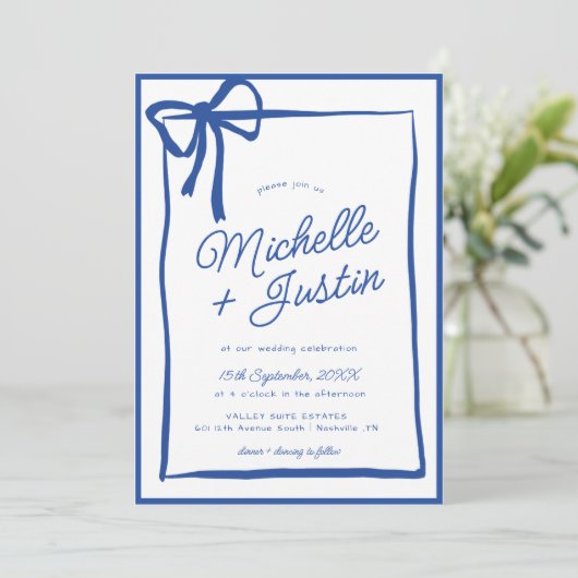 Hand Drawn Ribbon Bow Wedding Einladung (Stehend Vorderseite)