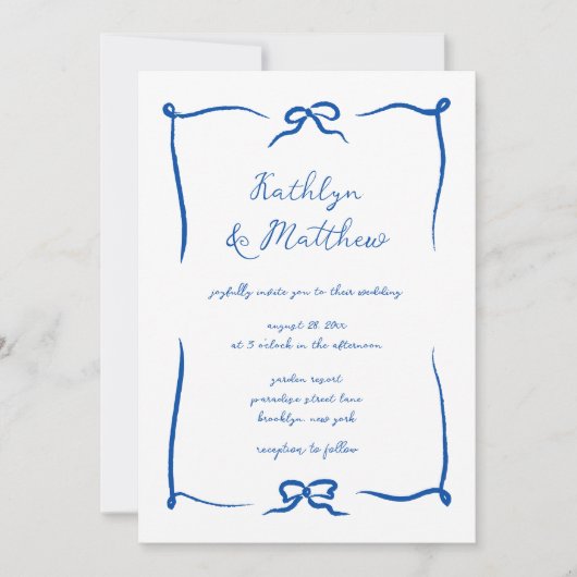 Hand Drawn Ribbon Doodle Französisch Blue Wedding Einladung (Vorderseite)