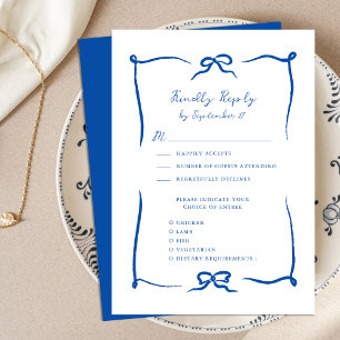 Hand Drawn Ribbon Doodle Französisch Blue Wedding RSVP Karte
