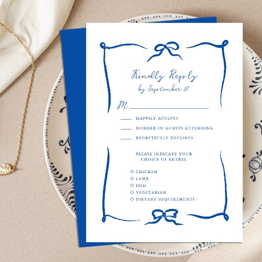 Hand Drawn Ribbon Doodle Französisch Blue Wedding RSVP Karte