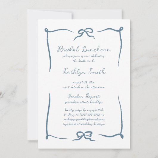 Hand Drawn Ribbon Dusty Blue Bridal Luncheon Einladung (Vorderseite)
