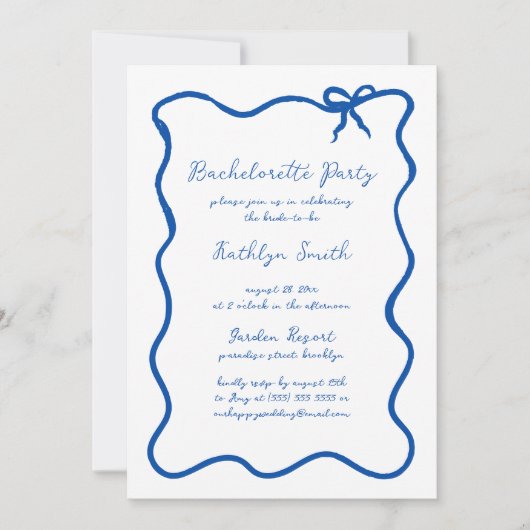 Hand Drawn Ribbon Französischer Blauer Junggeselin Einladung (Vorderseite)