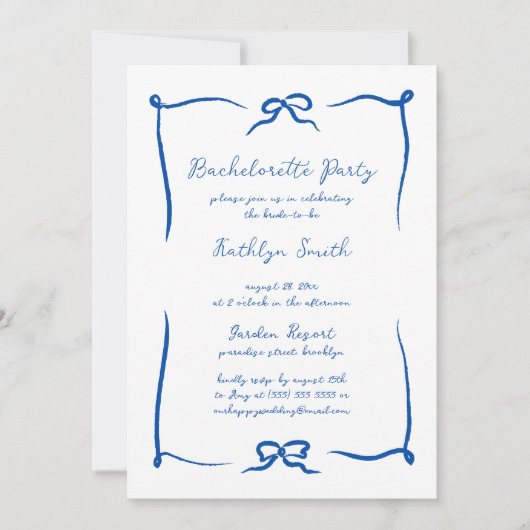 Hand Drawn Ribbon Französischer Blauer Junggeselin Einladung (Vorderseite)