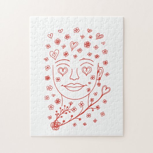 Hand-Drawn Romantic Line Art Face with Hearts and  Puzzle (Vertikal)