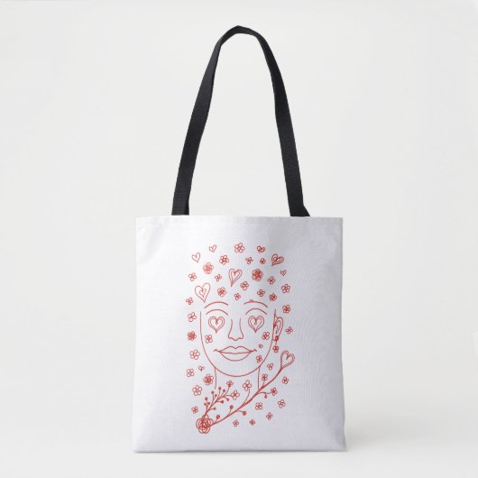Hand-Drawn Romantic Line Art Face with Hearts and  Tasche (Vorderseite)