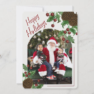 Hand Drawn Rustic Pinecone & Holly Christmas Photo Feiertagskarte