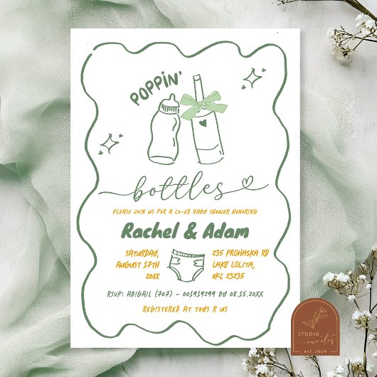 Hand Drawn Sage Green Poppin Bottles Baby Shower Einladung