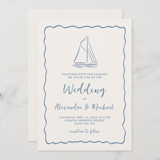 Hand Drawn Sailboat Blue Ivory Nautical Wedding Einladung (Vorne/Hinten)