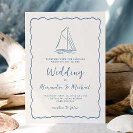 Hand Drawn Sailboat Blue Ivory Nautical Wedding Einladung