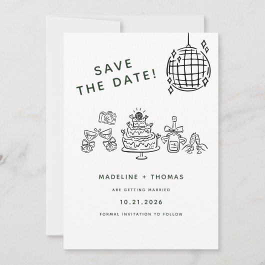 Hand Drawn Scribble Disco Wedding Save the Date (Vorderseite)