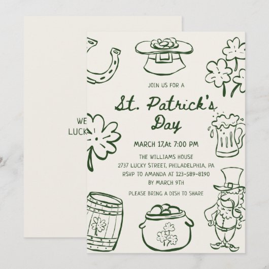 Hand Drawn Scribble Doodles St Patrick's Day Einladung (Vorne/Hinten)