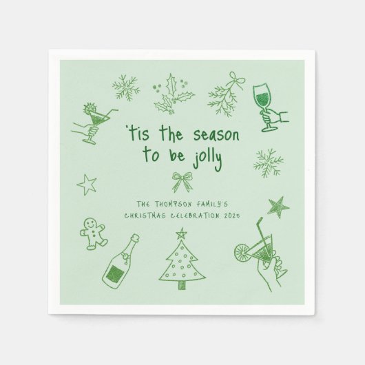 Hand Drawn Scribble Glitter Green Christmas Party Serviette (Vorderseite)