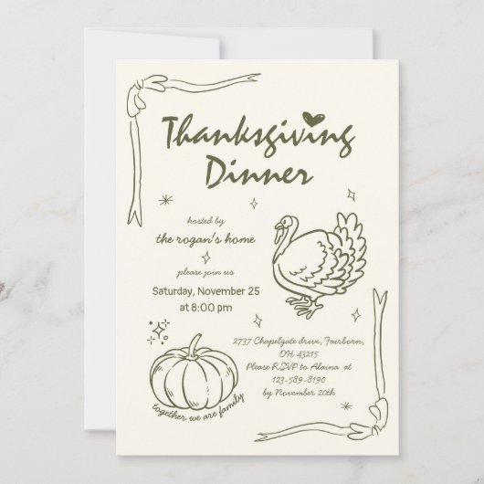 Hand Drawn Scribble Pumpkin Türkei Erntedank Einladung (Vorderseite)