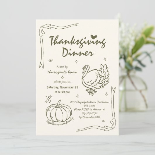 Hand Drawn Scribble Pumpkin Türkei Erntedank Einladung (Stehend Vorderseite)