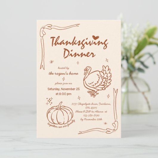 Hand Drawn Scribble Pumpkin Türkei Erntedank Einladung (Stehend Vorderseite)