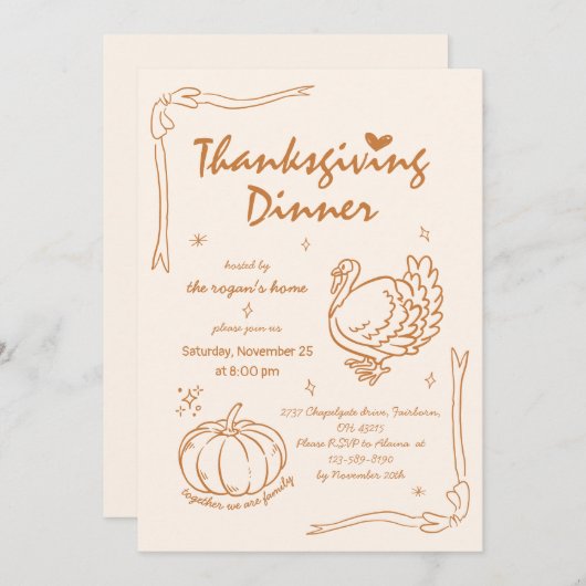 Hand Drawn Scribble Pumpkin Türkei Erntedank Einladung (Vorne/Hinten)