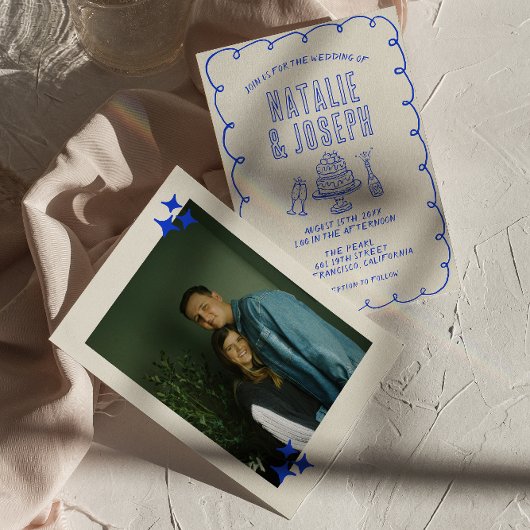 Hand Drawn Scribble Quirky Retro Foto Hochzeit Einladung