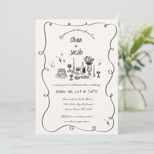 Hand Drawn Scribble Squiggle Fun Bow Wedding Einladung (Stehend Vorderseite)