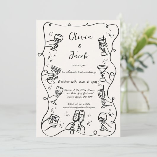 Hand Drawn Scribble Squiggle Fun Drinks Hochzeit Einladung (Stehend Vorderseite)