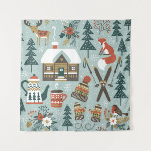 Hand drawn seamless vintage pattern with cute fore wandteppich