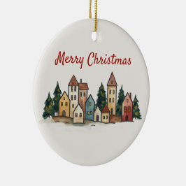 Hand-Drawn Snowy Village Art Keramik Ornament