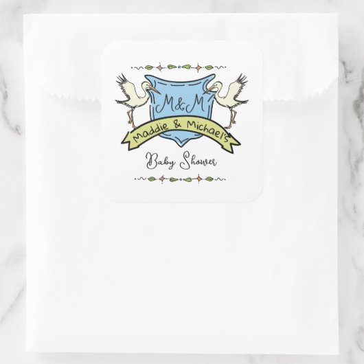 Hand drawn Stork Crest Baby Shower Quadratischer Aufkleber (Tasche)