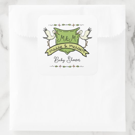 Hand drawn Stork Crest Baby Shower Quadratischer Aufkleber (Tasche)