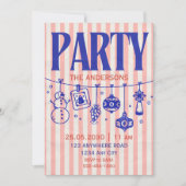 Hand Drawn striped blue pink christmas party Einladung (Vorderseite)