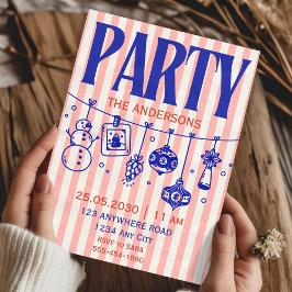 Hand Drawn striped blue pink christmas party Einladung