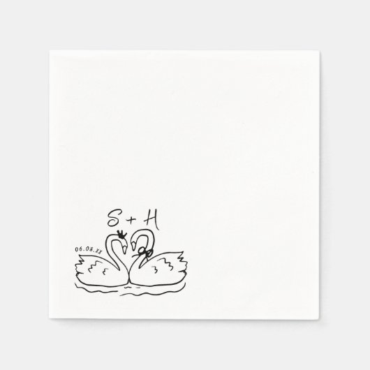 Hand Drawn Swan Heart Wedding Cocktail Serviette (Vorderseite)