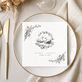 Hand Drawn Swan Vintage Floral Engagement Wedding Serviette